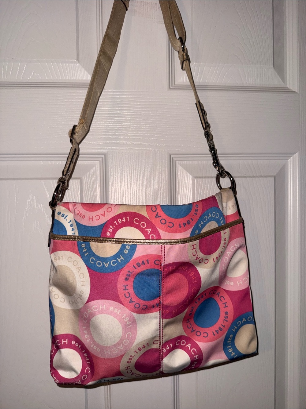 COACH Pink, Blue and Cream Signature Circle Print Crossbody Bag